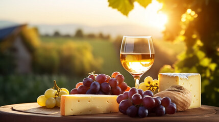 copy space, stockphoto, Grape wine in glass , Bunch of grapes on the table and cheese. Vineyard in...