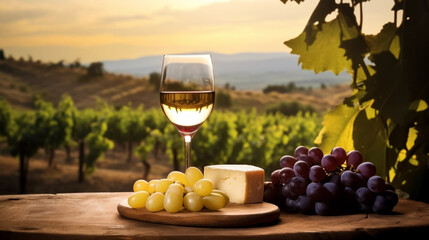 copy space, stockphoto, Grape wine in glass , Bunch of grapes on the table and cheese. Vineyard in the background. Concept of summer or autumn. National Drink Wine Day.
