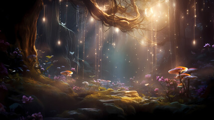 Whispering Woods of Enchantment: A Luminous Journey into Fairy-Tale Fantasy - obrazy, fototapety, plakaty