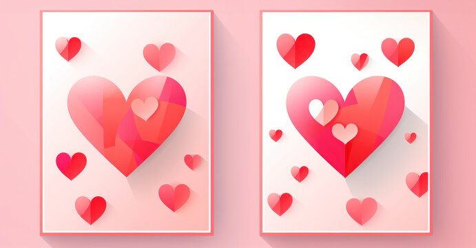 Contemporary framed posters featuring geometric heart designs in shades of red on pink background. Greeting card for Valentines Day,or birthday,mothers day,weddings decor. 