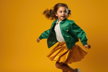 Joyful young girl in a green jacket and yellow dress running