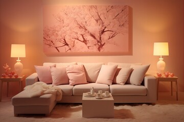 Contemporary Interior with Bright Lighting, White Sofa, and Cozy Peach Fuzz Pillows