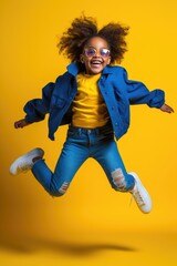 Jumping for joy, the girl with curly hair and glasses