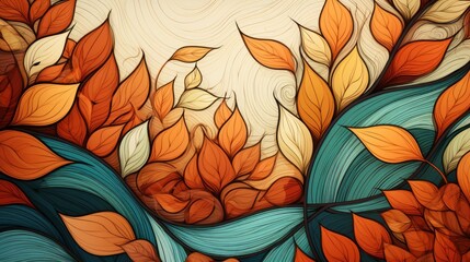 Abstract wallpaper in autumn style with a painted pattern of foliage on the branches.