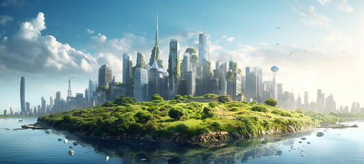 Virtual Utopia Depict a Hyper-Detailed Virtual Cityscape, Showcasing a Utopian World Powered Advanced Technology and Sustainability Futuristic City Planning Sustainable Future with High Tech Eco City