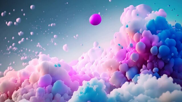 Abstract sweet foam clouds with splashing forms and drops. Colorful foam cloud ro sweet cotton background. Generated AI