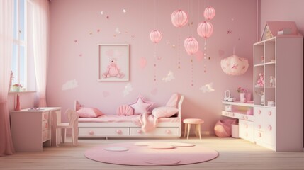 Pink-themed interior with a stylish bed, modern furniture, and a bright, cozy atmosphere.