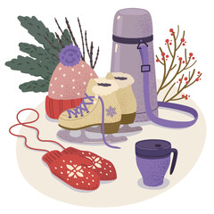 Illustration with winter accessories skates, hat, thermos and mittens