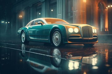 Retro car rain. Fancy foreign car with expensive rims great big palace. Generate AI