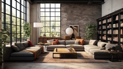 Modern living room with high ceilings, loft-style furniture, and panoramic windows, creating a bright and spacious atmosphere.
