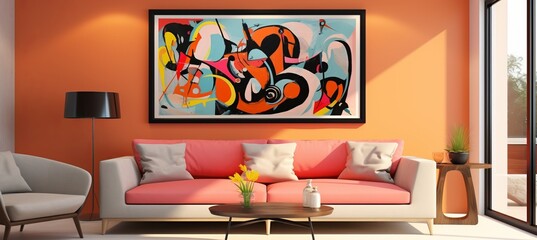 Cheerful Living Room Decor Idea with Colorful Abstract Art Wall Hanging and Mockup Design