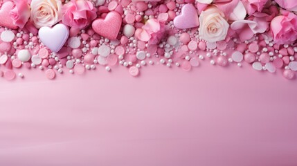 Valentine's day background with pink roses and hearts on pink background banner with copy space for text.
