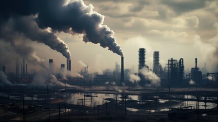 Industrial silhouette: Factory pipes emit smoke in a dusk-lit setting. Concept: The problem of environmental pollution.