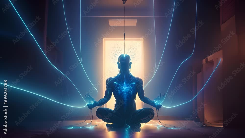 Poster Digital era man meditating in neon wires, with consciousness connected to the world via technological structure. Generated AI
