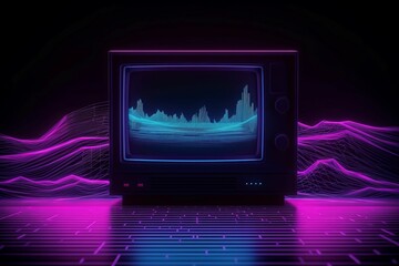 Retro wave on tv screen. Vintage television holographic neon oscillation. Generate ai