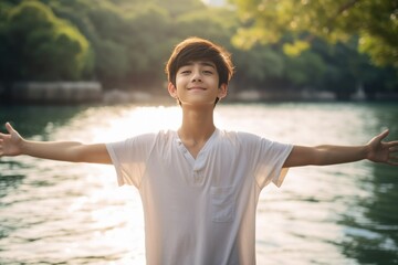 A boy enjoying the outdoors, taking a selfie by the lake shore A fictional character created by Generated AI. 