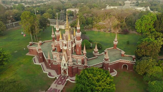 Drone footage aerial view of a beautiful castle at Taman Mini Indonesia Indah, Jakarta, Indonesia.