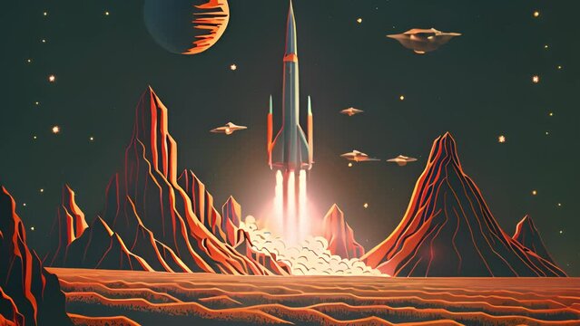 Retro styled sci-fi landscape with mountains. Retro futuristic science fiction animation in drawing style with alien sun. Generated AI