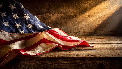 Close-up an old national flag of the United States of America, USA (American flag), on an old...