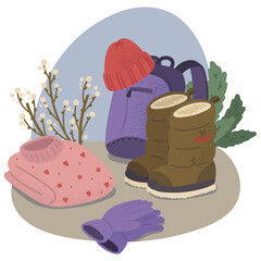 Illustration with winter accessories and warm clothes