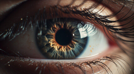 human eye in closeup, close up of a beautiful blue eye, Human eye iris close up, Generative AI - obrazy, fototapety, plakaty