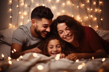 Obraz na płótnie Canvas A Happy Family Smiling and Lying Down in Bed A fictional character created by Generated AI. 