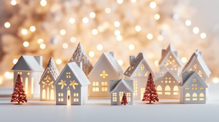 A charming Christmas village with holiday homes and trees