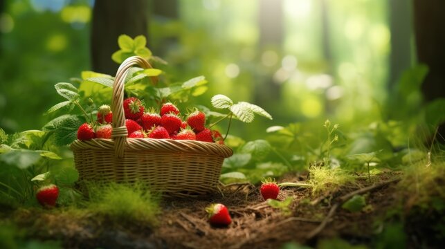 Ripe and ready: wild strawberries, a burst of red sweetness, cradled in a charming wicker basket on woodland grass.