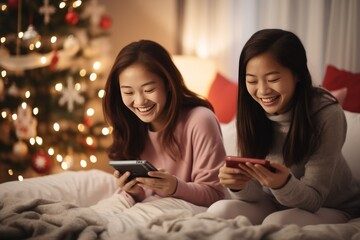 Two girls sitting on a bed, enjoying their time playing on Nintendo Switch A fictional character...