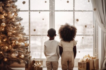 A Little Boy and a Little Girl Standing near a Christmas Tree A fictional character created by...