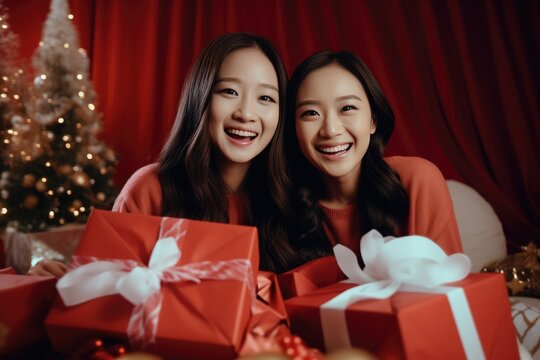 Two women smiling and posing with Christmas presents and a tree A fictional character created by Generated AI. 