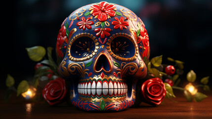 Feast of Dia de los Muertos, attributes and traditions, Creepy Floral skull for Halloween and day of the dead design, Day of the Dead Sugar Skull and Foronda Amidst Flowers and Lights, Generative AI