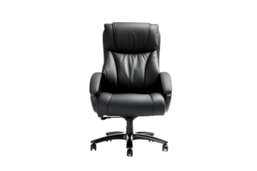 an actual black mid-back leather chair with a comfortable backrest and cushion, a fixed armrest,  white background PNG