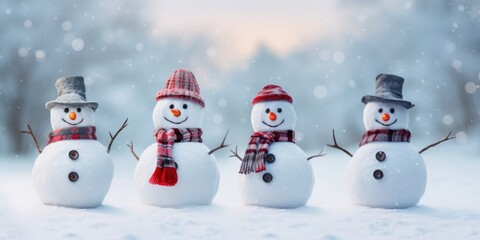 Fototapeta premium A trio of snowmen in a snowy landscape.