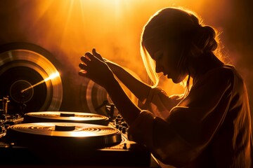 Silhouette girl playing dj. Unknown lady adorns and entertains public with music. Generate AI