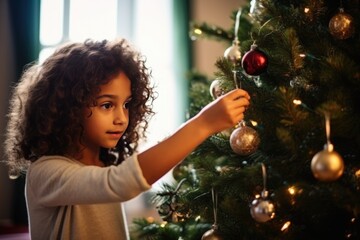 Little girl decorating Christmas tree A fictional character created by Generated AI. 