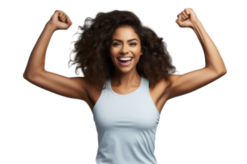 Portrait photography of beautiful female fitness model, positive surprise smile, cheering, looking upward on a white isolated background, long gym fashion