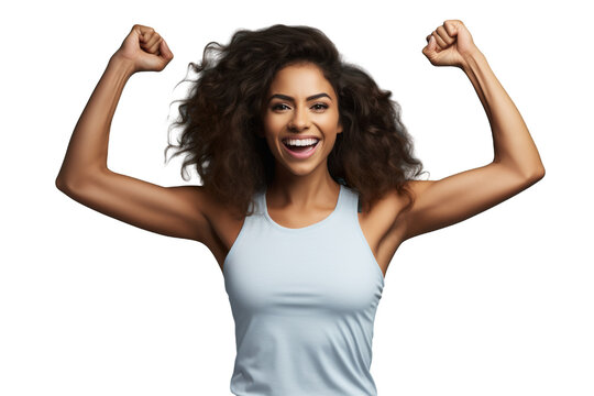 Portrait photography of beautiful female fitness model, positive surprise smile, cheering, looking upward on a white isolated background, long gym fashion