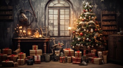 A Cozy Christmas Scene with a fireplace, Christmas tree, and presents
