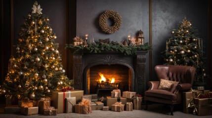 Fototapeta na wymiar A Cozy Christmas Fireplace Scene