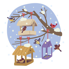 Illustration with bird feeders on a tree in winter