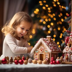 A little girl plays with gingerbread houses and decorations. A fictional character created by Generated AI. 