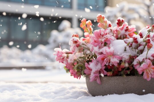an image showing snow and flowers in front of the building, christmas decoration,