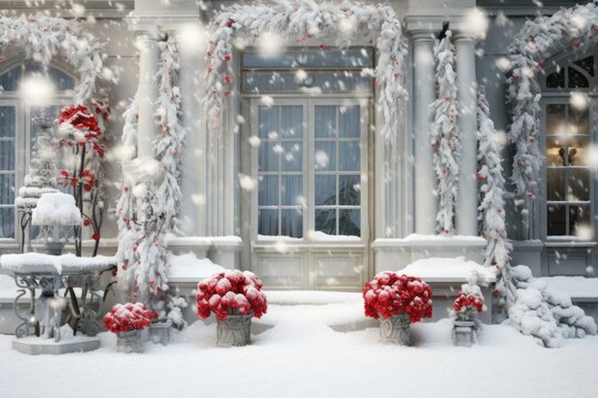 an image showing snow and flowers in front of the building, Christmas decoration,