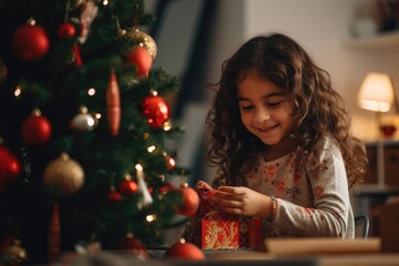 A Little Girl Unwrapping Gifts from Santa Under the Christmas Tree A fictional character created by Generated AI. 