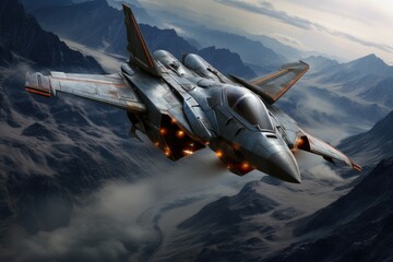 Fighter aircraft fighting, Jet fighter flying above the clouds Ai generated