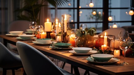 A charming table setting with candlelight for a romantic dinner - obrazy, fototapety, plakaty