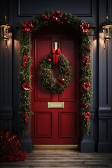 Fototapeta na wymiar Festive Front Door with Christmas Wreath and Ribbons