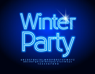 Vector glowing Poster Winter Party. Blue Neon Font. Electric Artistic Alphabet Letters and Numbers set.