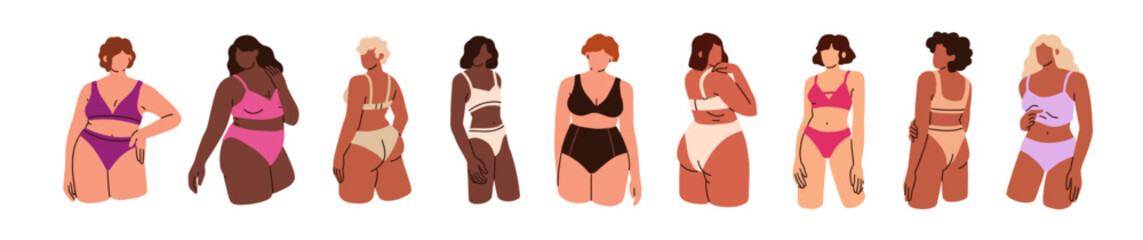 Woman in lingerie set. Diverse women with different body type, fat and slim figures. Bodypositive females in underwear, bikini, bra and panties. Flat vector illustrations isolated on white background - obrazy, fototapety, plakaty
